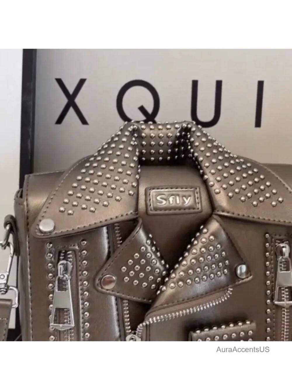 Leather Satchel Bag with Chain Strap Crossbody Shoulder Bag Rivet Details